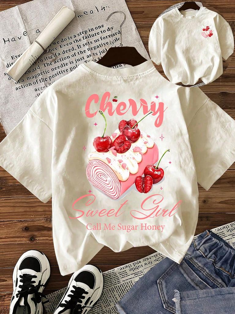 Cute Cherry Cake Letter Pattern Round Neck Suitable For Surfing Beach Tshirt Summer Spring Unisex Short Sleeves