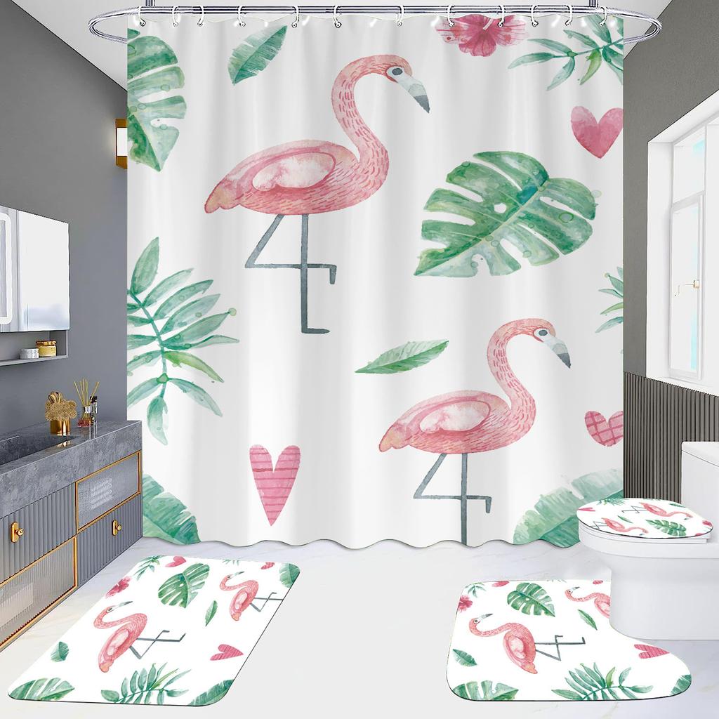 Pink Flamingo Printing Shower Curtain Set For Bathroom Non Slip Lovebird Bath Mat And Curtain Set Bath Rug Toilet Carpet