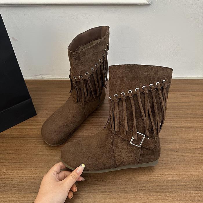 

Женские ботинки Мартина 2025 осень и зима новая ниша ретро бахрома западный ковбойский темперамент плоская подошва модные ботинки инс тренд 40 темно-коричневого
