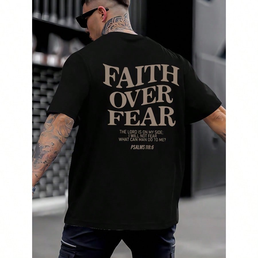 Mens Casual Short Sleeve Tee  Faith Over Fear TShirt With Geometric Pattern
