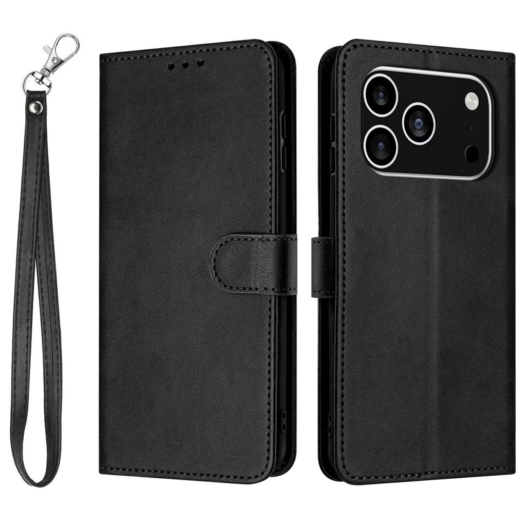 For iPhone 17 Pro Case Flip Stand Calf Texture PU Leather Wallet Phone Cover with Strap