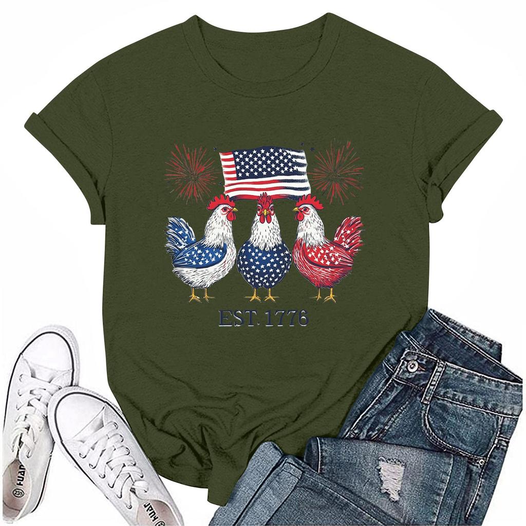 Camiseta feminina casual com estampa do Dia da Independência e gola redonda, manga curta