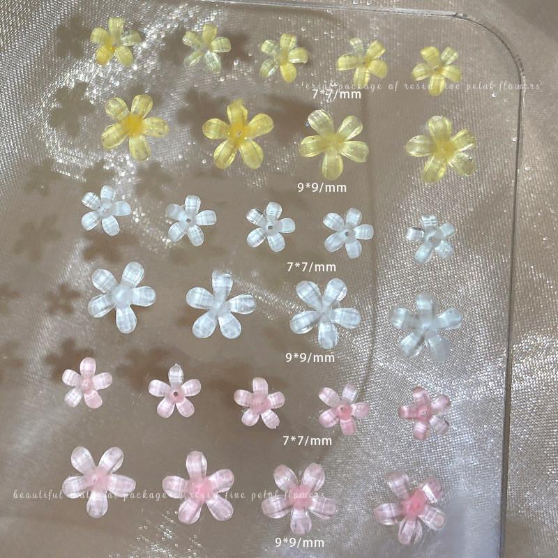 60pcs/bag Ice-clear Five-petal Flower Nail Art Accessories White Pink Flowers Gold and Silver Color Steel Beads