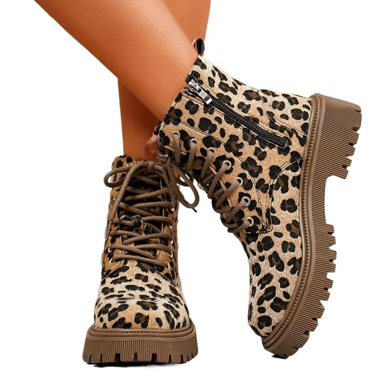 Women's Minimalist Solid Color Boots, Lace Round Toe Edge Zipper Platform Comfortable Shoes, Versatile Four Season Boots