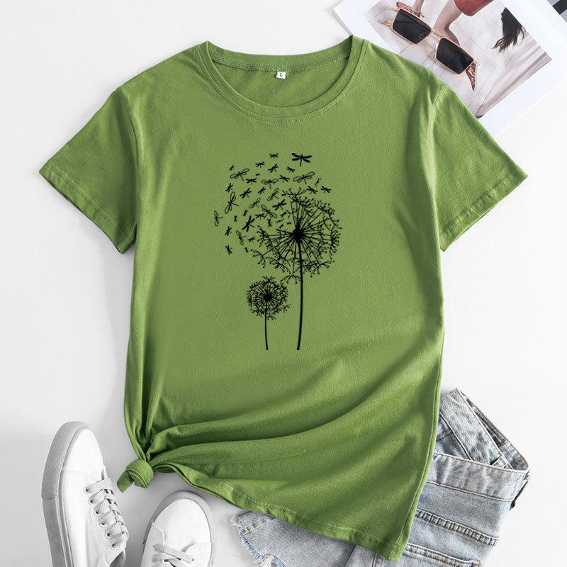 Summer Round Neck Dandelion Dragonfly Pattern Printed Top Fashionable Casual Short Sleeved Women's Pure Cotton T-shirts