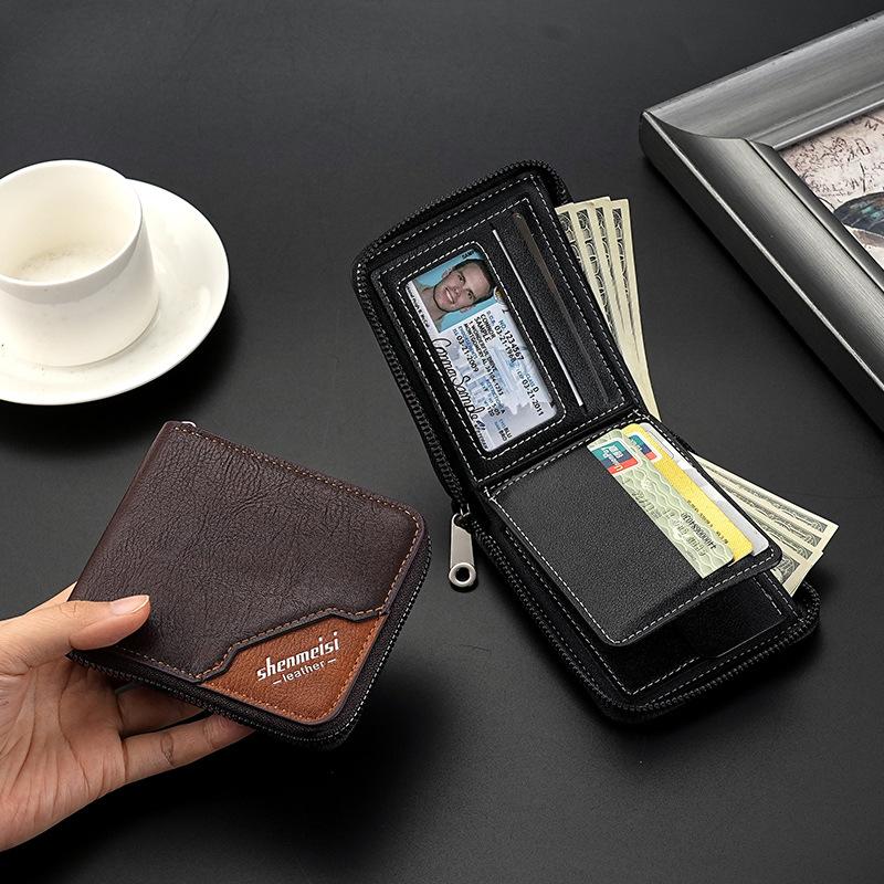 Men’s PU Leather Zip Around 3 Folding Wallet RFID Card Holder ID Window Coin Pocket Short Compact Wallet Cash Purse