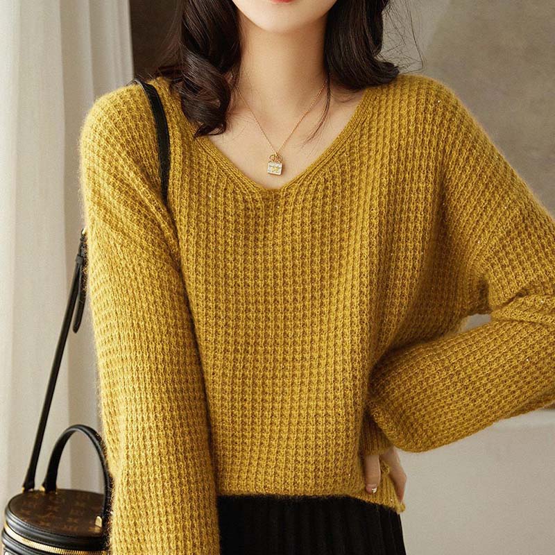

Свитер для женщин Осень Зима Утепленный Теплый Вязаный Эластичный С длинным рукавом V-образный вырез Топы XXXXL жёлтый