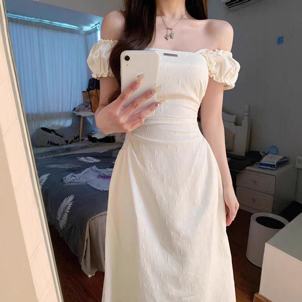 French square neck white dress for women, new summer first love, pure and sweet milky petite waist-cinching long dress