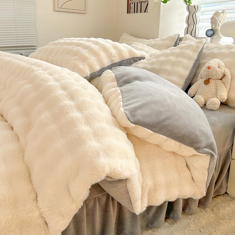 Colorful Bubble Velvet Bed Skirt Set - Thickened Milk Velvet Winter 4-Piece Set 1.8m Bed Skirt Set
