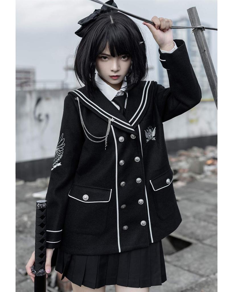 JIURUN Uniform Lolita Gothic Lolita Military Halloween Anime Mori Girl Pleated Skirt and Gothic Plus Cute Skirt Coat Tie Size Costume, Uniform,