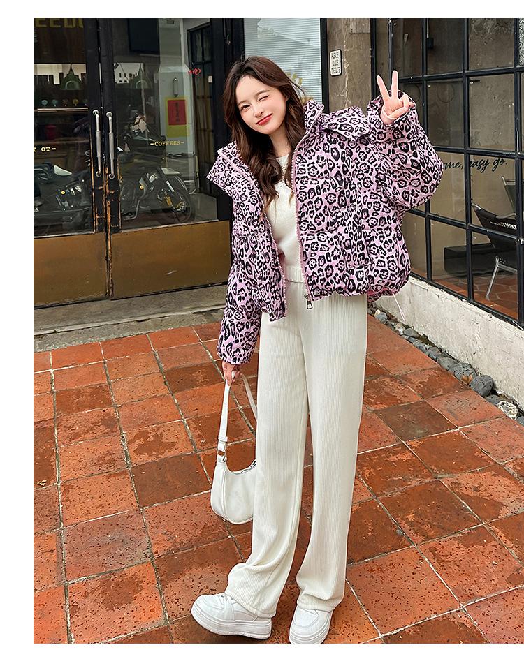 Women's Short Leopard Print Hooded Winter Jacket