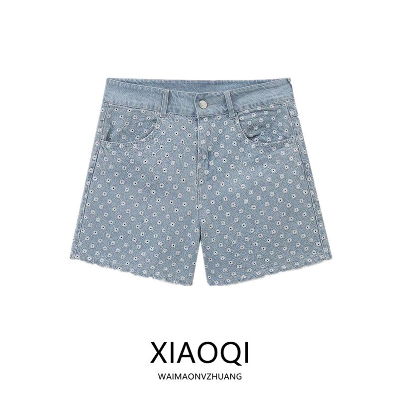 Fashion Style 2024 Autumn New Women's Clothing Mid-Rise Waist Hollow Embroider Casual All-Matching Denim Shorts 6147118