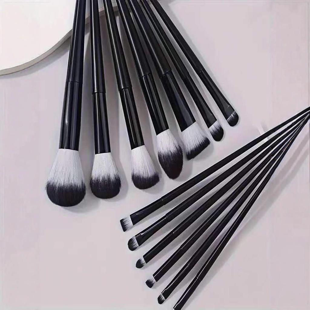 Kompaktowy zestaw 13 pędzli do makijażu: Czarno-Białe, Miękkie Włosie do Podkładu, Cieni do Powiek, Brwi i Korektora.