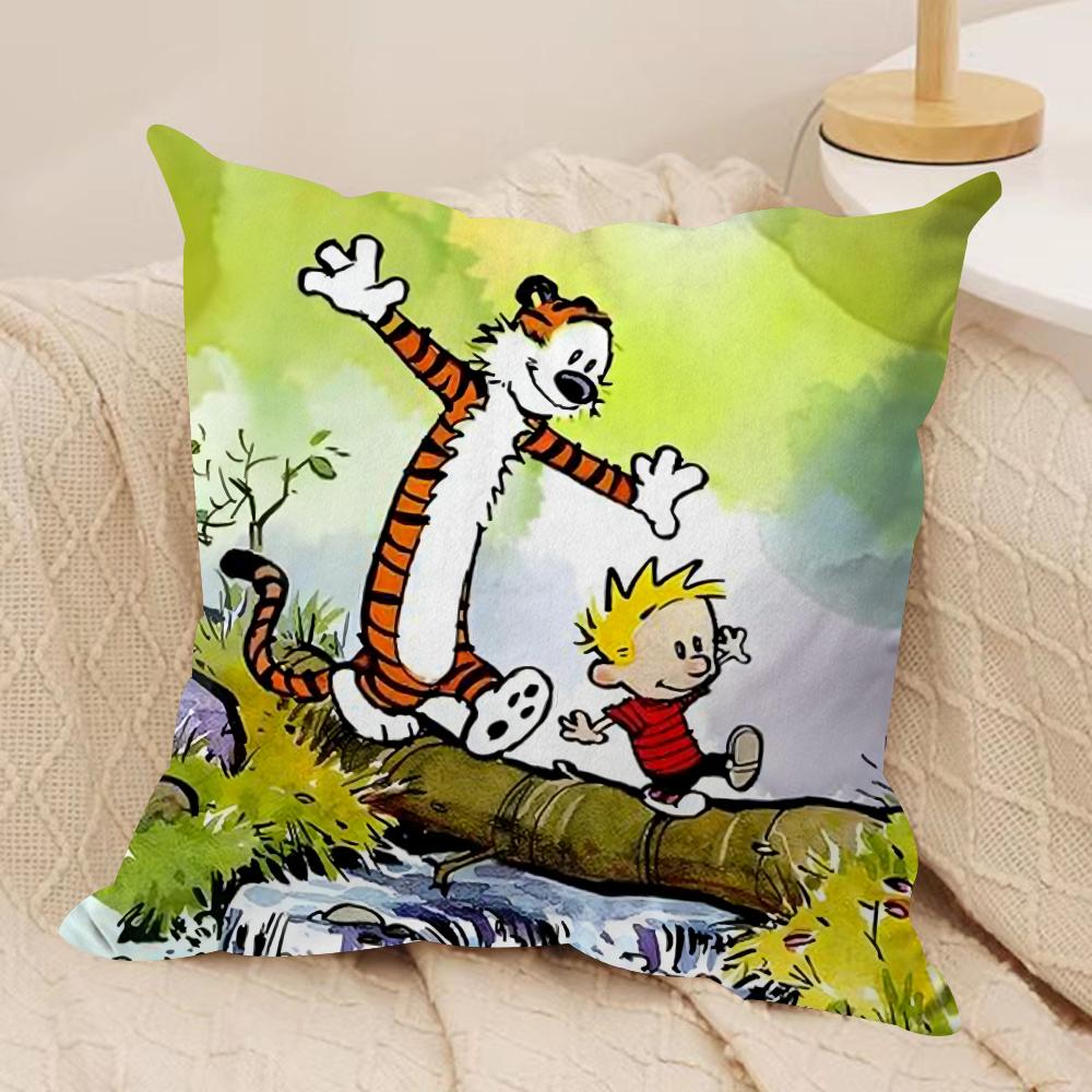 C-Calvin and H-Hobbes Cushion Cover Silky Short Plush Double-Sided Printed Pillow Case for Sofa All Seasons Home Decor Gift