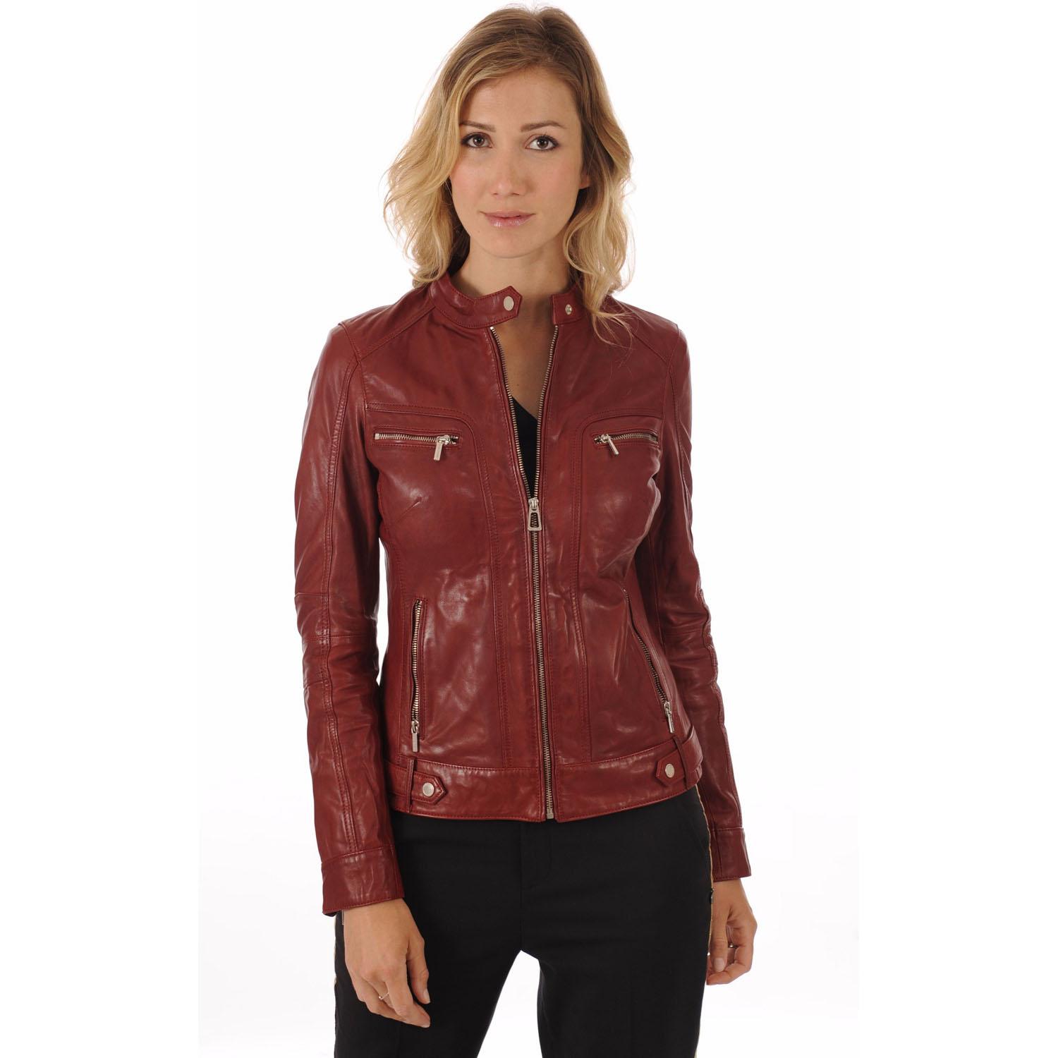 

SKINOUTFIT Women s Dark Red Leather Jacket Genuine Lambskin Real Biker Motorcycle Slim Fit Coat XXXL червоний