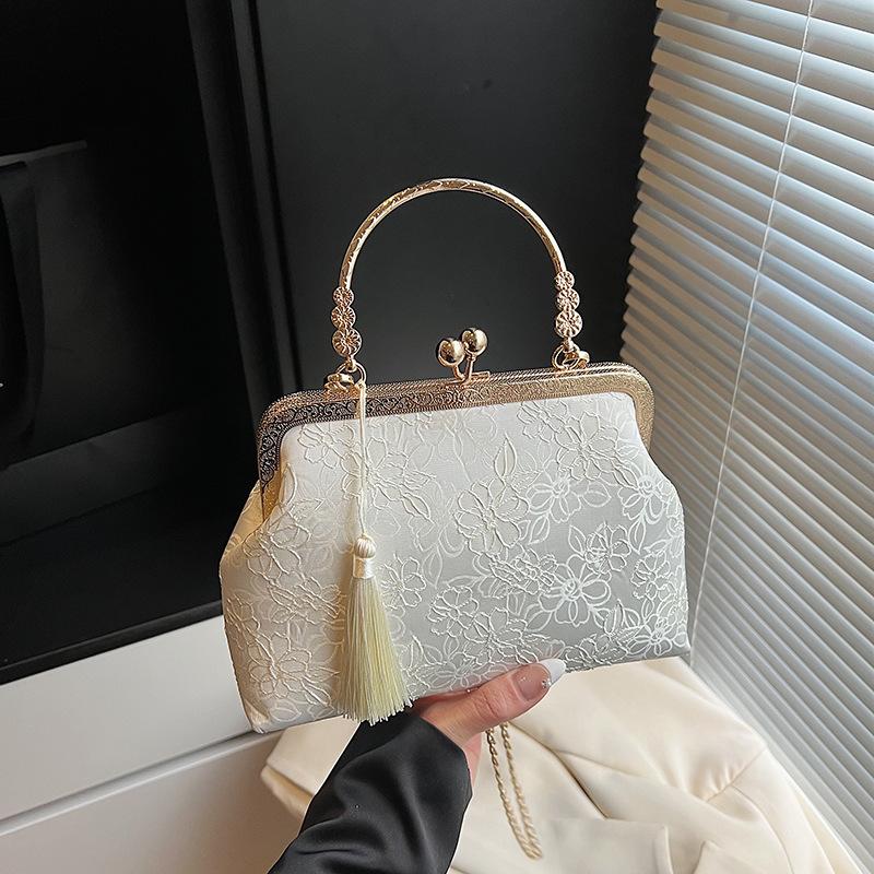 New Glossy Floral Tassel Shell Bag with Chain Strap - Vintage Qipao-Inspired Adjustable Crossbody/Shoulder Handheld Mini Square Bag for Women