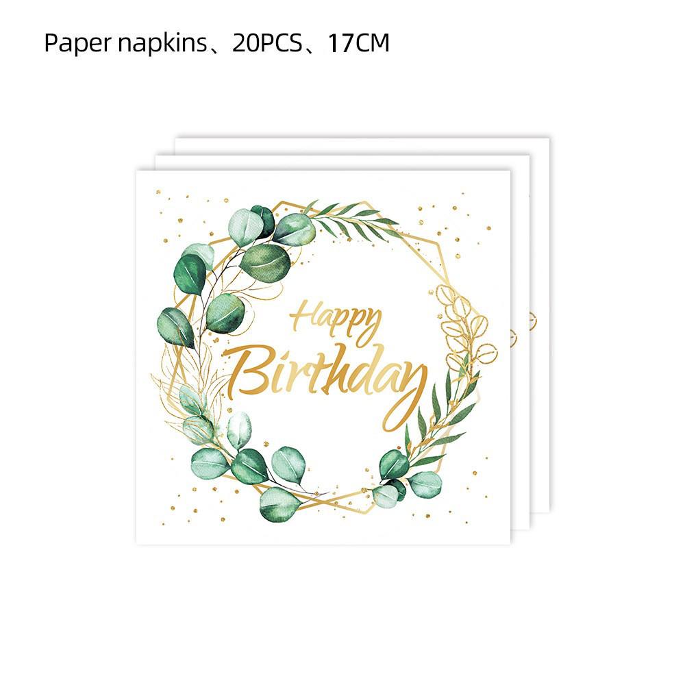 Eucalyptus Leaf Party Tableware: Napkins, Cups, Tablecloth, Cutlery, and Flags for Birthday Celebrations.