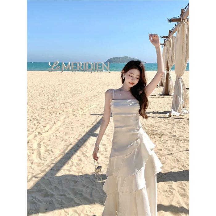 Sophisticated temperament socialite lady dress summer new suspender ruffle edge long dress birthday dress dress S