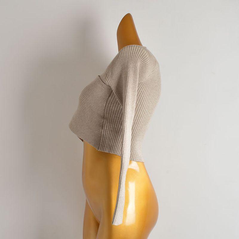 Fall and Winter New V-neck Asymmetrical Cross Sexy Knitwear Women's Silm Short Crop Top Bottoming Shirt Long Sleeves Tops