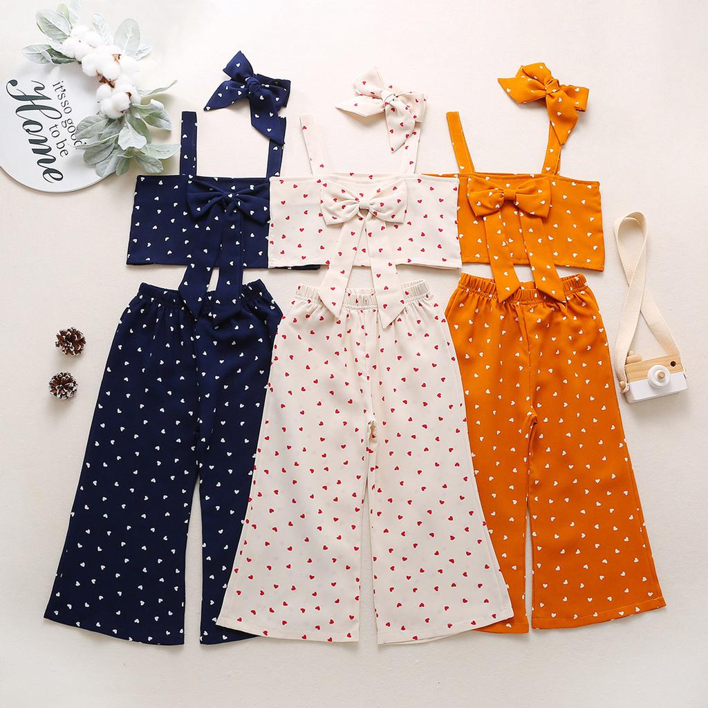 Toddler Kids Baby Girls Love Print Bow Suspender Vest Pants Outfits Set