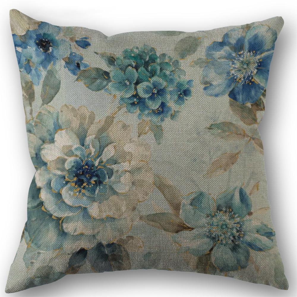 Indigold Watercolor Flower Pillow Cover Blue Bird Floral Cushion 45X45Cm Linen Pillowcase Decoration Salon Cushion Cover