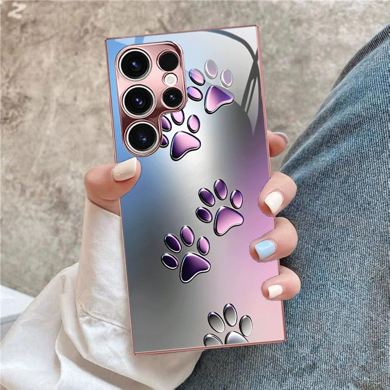 Metallic Cat Paw Print Glass Phone Case Fashion Phone Cases S26 Ultra Case for Samsung Galaxy S26 S25 S24 S23 S22 FE Ultra Plus