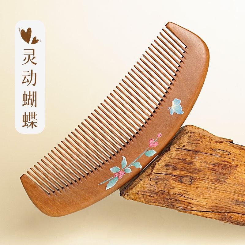 

Peach Wood Moon Comb with Butterfly Painted, Chinese Traditional Fine Tooth Wooden Comb, Portable Daily Use for Women All Hair Types