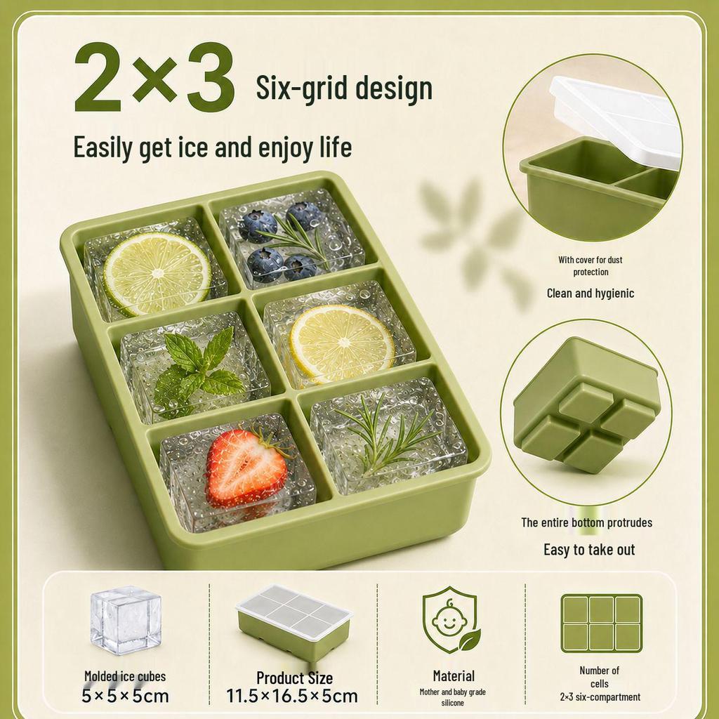Square Ice Cube Tray with Lid - Large Silicone Mold for Home Use