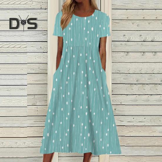 Women's Summer Short Sleeve Dress Casual Floral Print Round Neck Midi Dress with Pockets Flowy A-line Beach Sundress