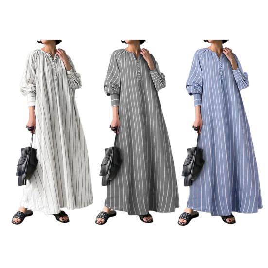 O-Neck Buttons Half Placket Baggy Dress Long Sleeves Pockets Ankle Length Women