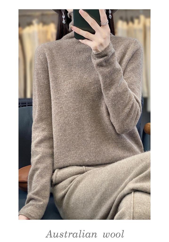 Women's Plus Size Mock Neck Wool Sweater: Soft, Skin-Friendly, Rolled Hem, Perfect for Autumn & Winter.
