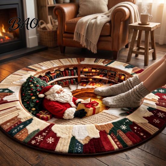 Living Room Xmas Rug 3D Optical Illusion Round Christmas Rug, Cute Santa Claus Crystal Velvet Floor Mat, Non Slip Decor Vivid Printed Circular Carpet