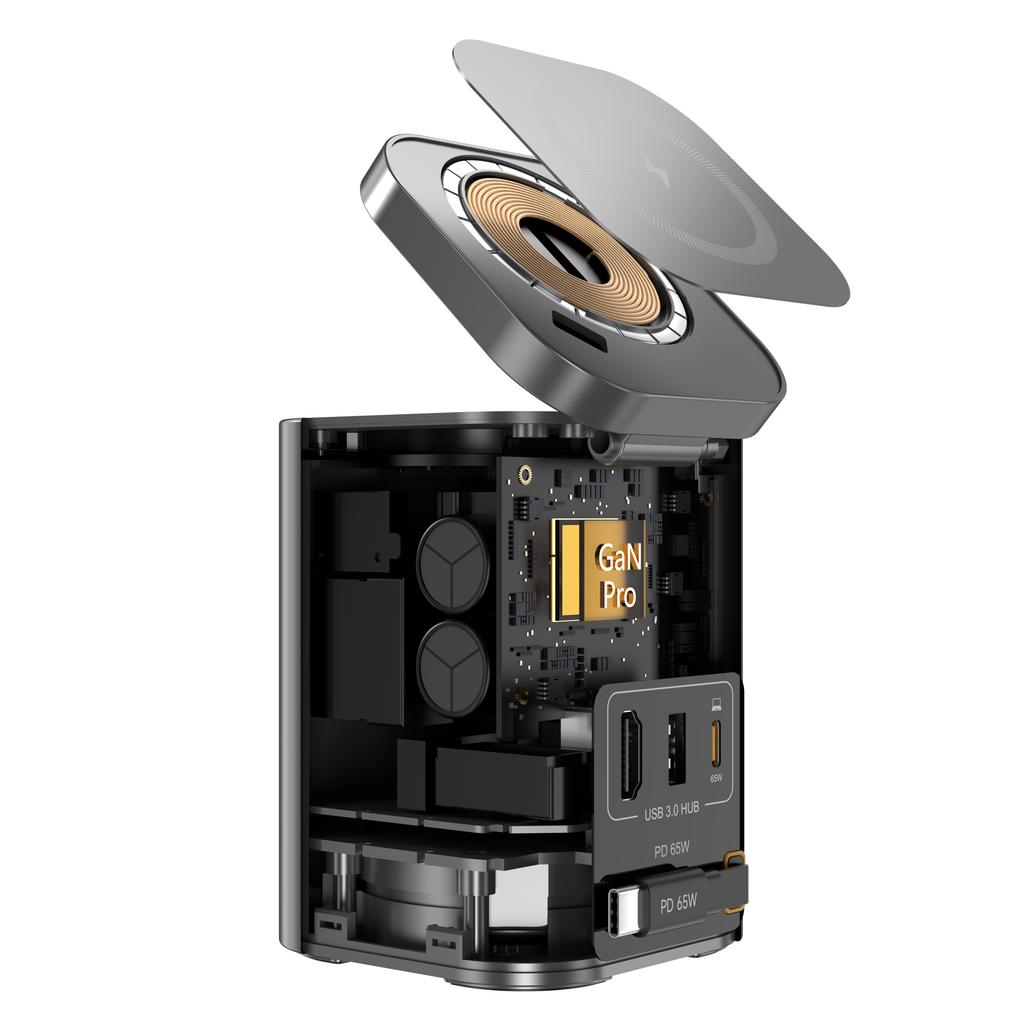 GaN 90W 6-in-1 Faltbares Magnetisches Kabelloses Ladegerät mit Typ-C USB-A und HDMI-Anschlüssen und PD 65W Einziehbarem Ladekabel