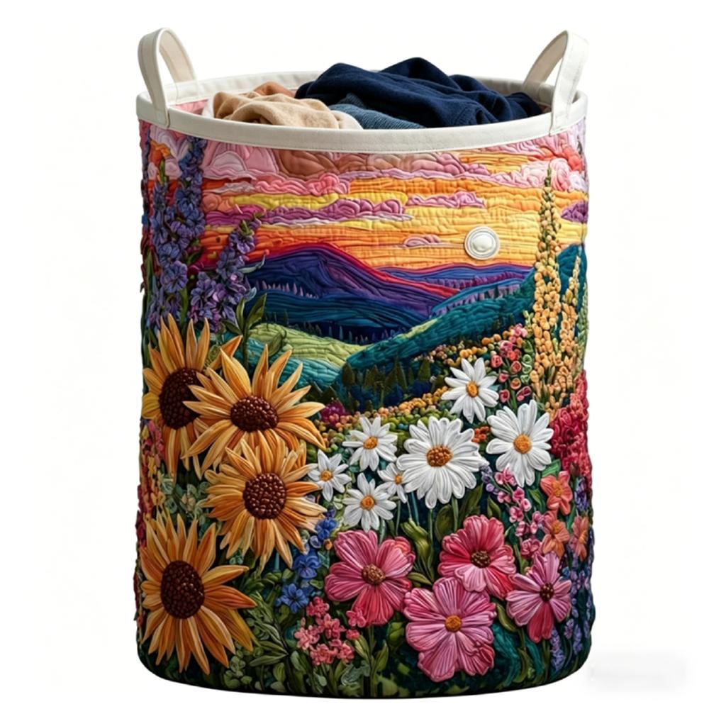 Foldable Laundry Hamper Basket Reusable Boho Quilted Laundry Baskets Fabric Floral Storage Hamper for Nursery Laundries Room