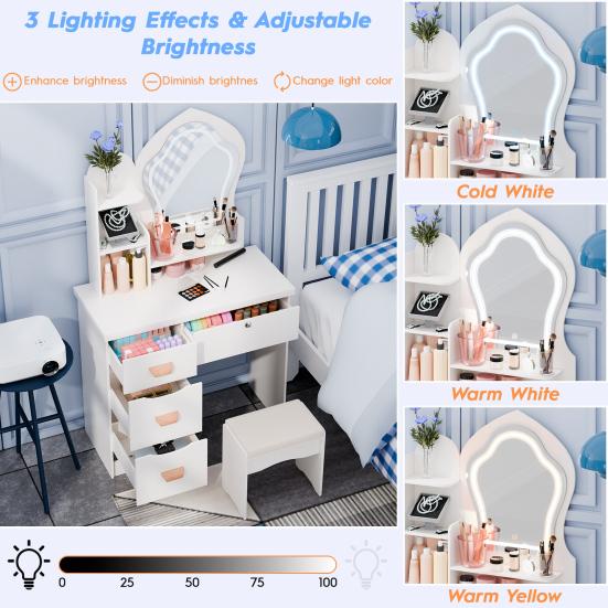 Makeup Vanity Desk with LED Lighted Crown-shaped Mirror, Vanity Table with 4 Drawers and Opening Shelves, Bedroom Dressing Table with