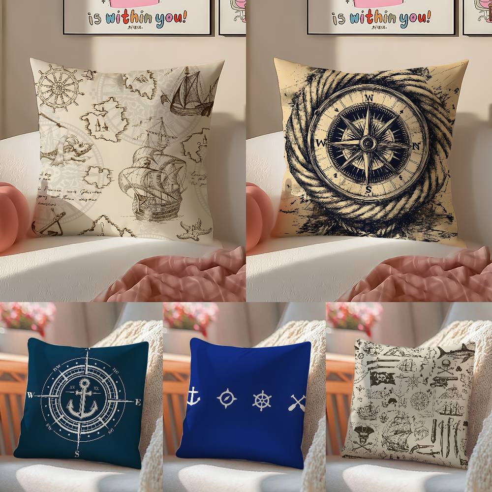 Ocean Blue Compass with Anchor Pillow Case Anti-dustmite Pillowcase Invisible zipper silky short plush Sofa cushion cover