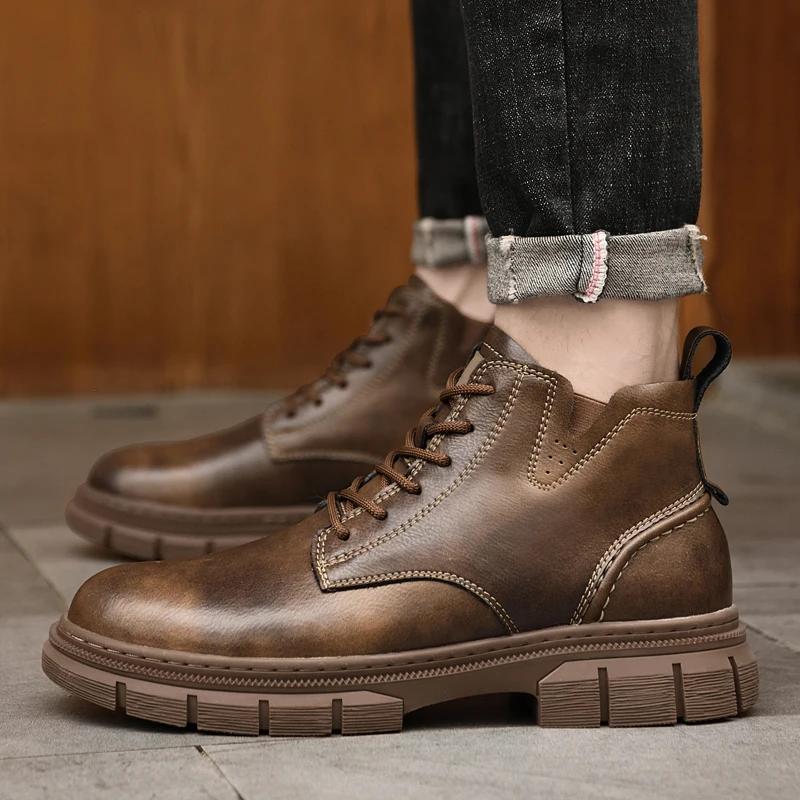 Winter Desert Boots Men's Lace Up Retro Brown Ankle Boot Genuine Leather Outdoor Waterproof Wear-resistant Sports Cowboy Boots
