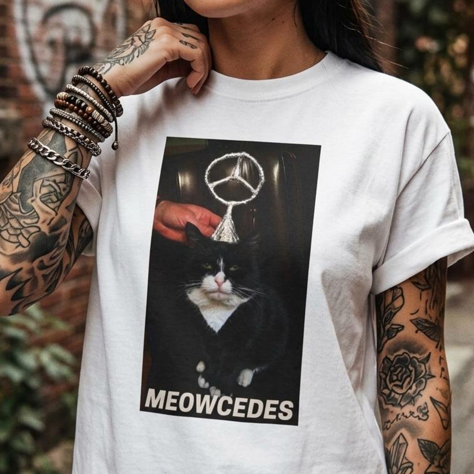 Meowcedes T-Shirt | Funny Cat Logo Parody Tee, Cat Lover Gift M