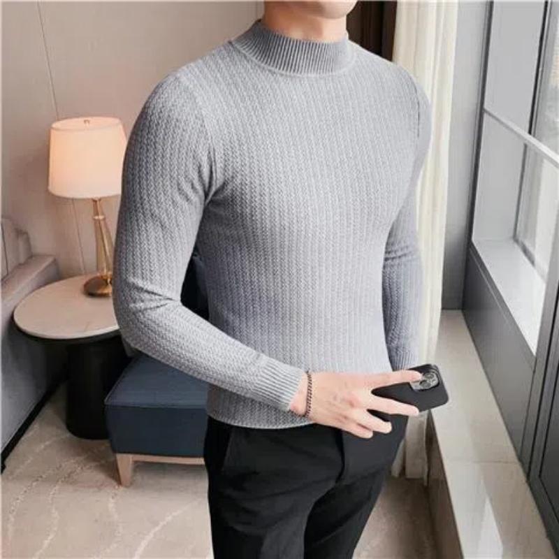 Trend Fashion Autumn Winter Sweaters Men Solid Mock Neck Thicken Smart Casual Long Sleeve Pullovers Bottoming Shirt Knitted Tops