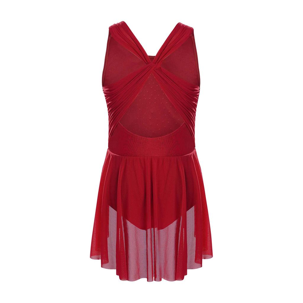 Girls Figure Skating Dress, Lyrical Dance Costume with Mesh Overlay, Cutout Back, Shiny Rhinestones & Irregular Hem
