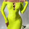 Vestido Danai Bodycon Sexy de Rede Tamanho Plus com Detalhe de Pérolas e Mangas Longas Off-Shoulder