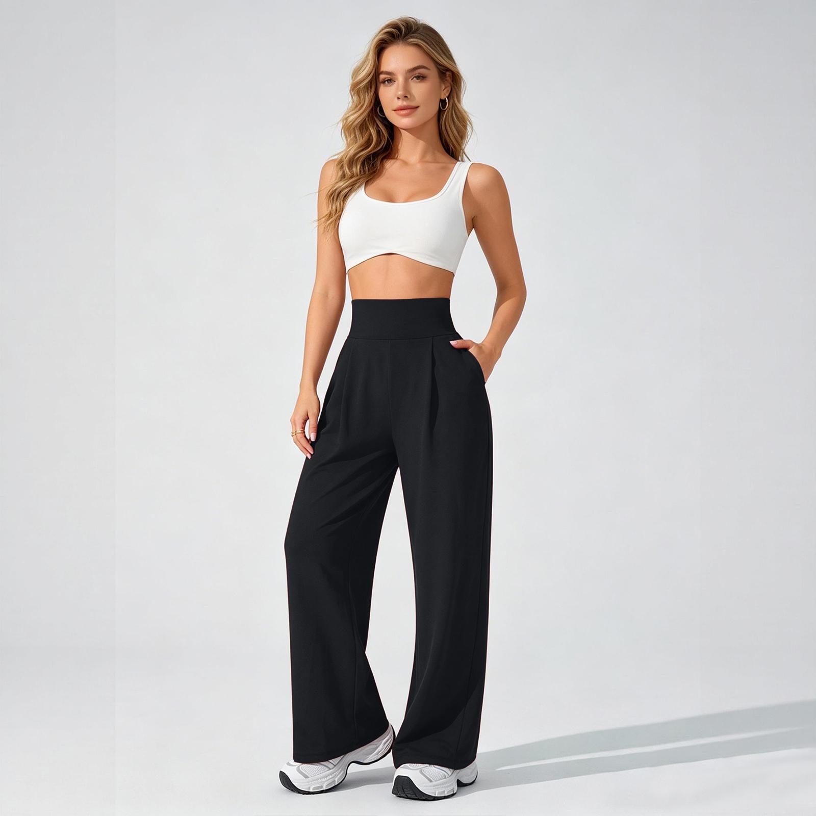 

High Waist Wide Leg Yoga Pants for Women Loose Fit Elastic Waistband Relaxed Lounge Workout Trousers with Pockets XXL чёрный