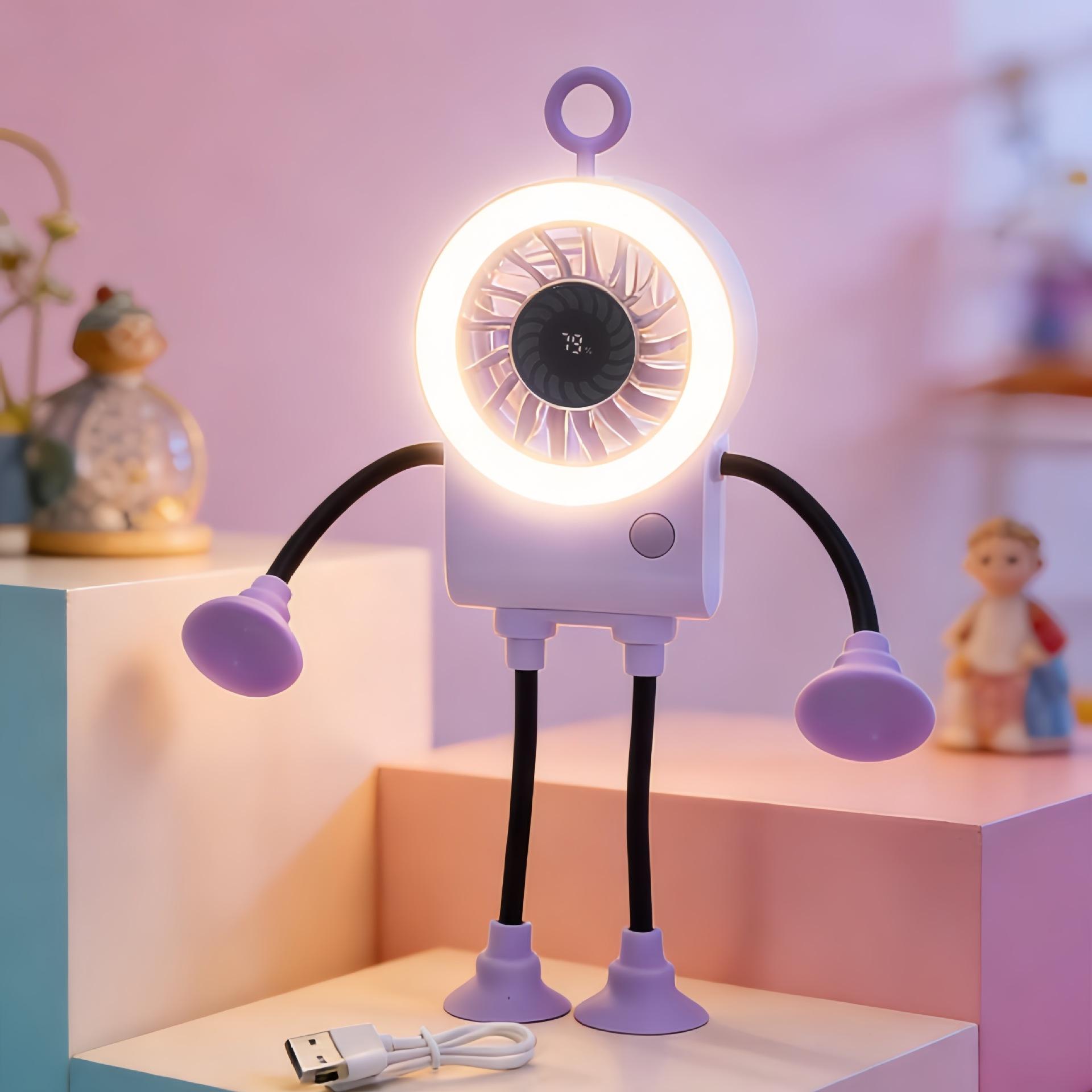 2026 Summer New Cute Cartoon Robot Handheld Fan LED Light Digital Display USB Rechargeable Lithium Battery Portable Cooling Fan USB фиолетовый