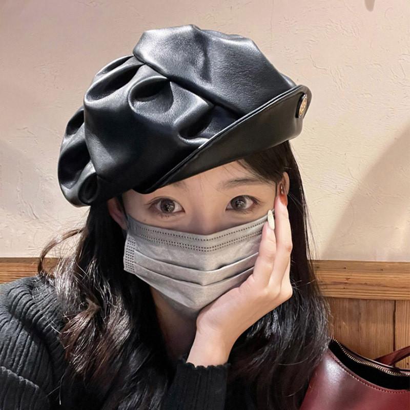Pu Trendy Leather Beret For Women Vintage Style Sun Protection Cap Painter