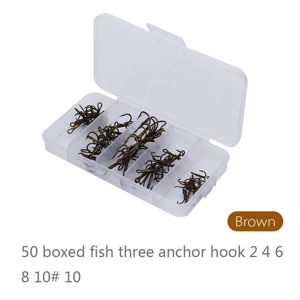 50pcs Box Fishing Hook Sharpened Treble Hook 5 Sizes 2 4 6 8 10 Fishhook Tackle Brown