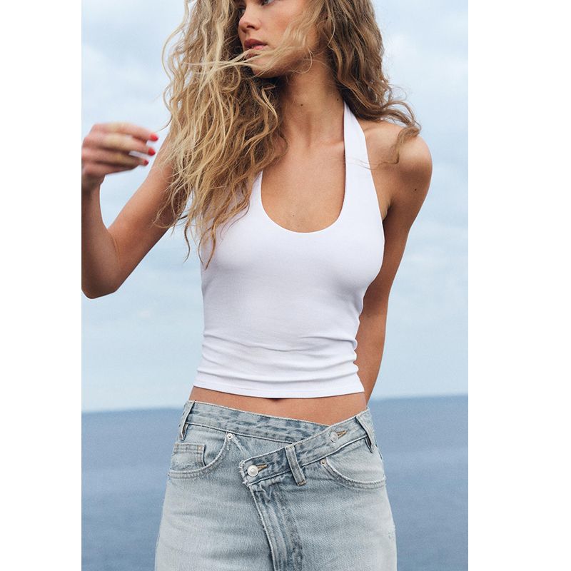 Summer New Product Women's Clothes French Style Design Hanging Collar Slim Fit Backless Basic All-Matching Tops 4424308