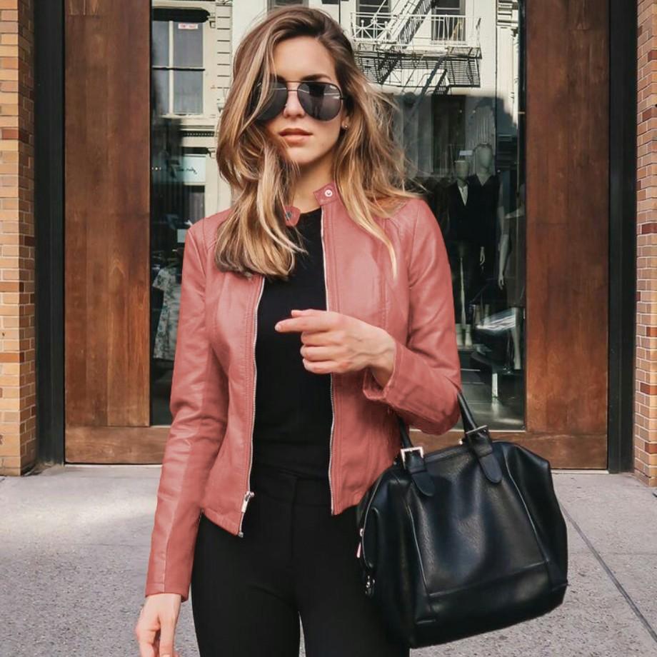 Dames Lente en Herfst Slim Effen Kleur Jas Opstaande Kraag Plus Size PU Leer Vrije Tijd Comfortabel Ritsjack
