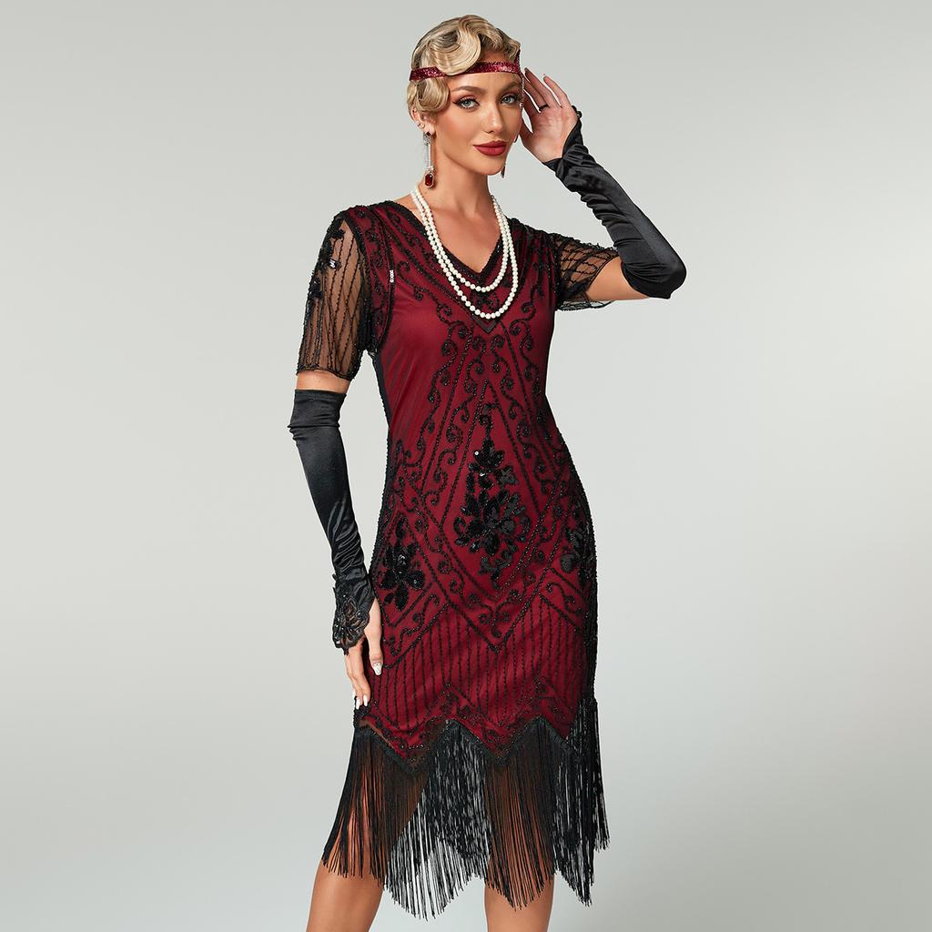 Gatsby Dress, New Hand-embroidered Beaded Sequin Skirt, European and American Banquet Dress V-neck Short-sleeved Dress