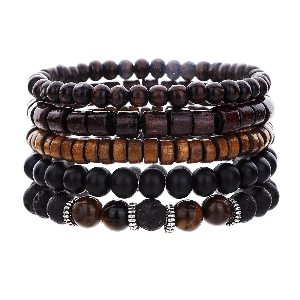 Men's Retro Hip Hop Black Agate Beaded Bracelet Set