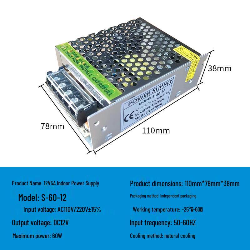 220V To 12V/24V/5V DC Power Supply for LED Strip Lights - 5A/10A/30A, 60W Transformer